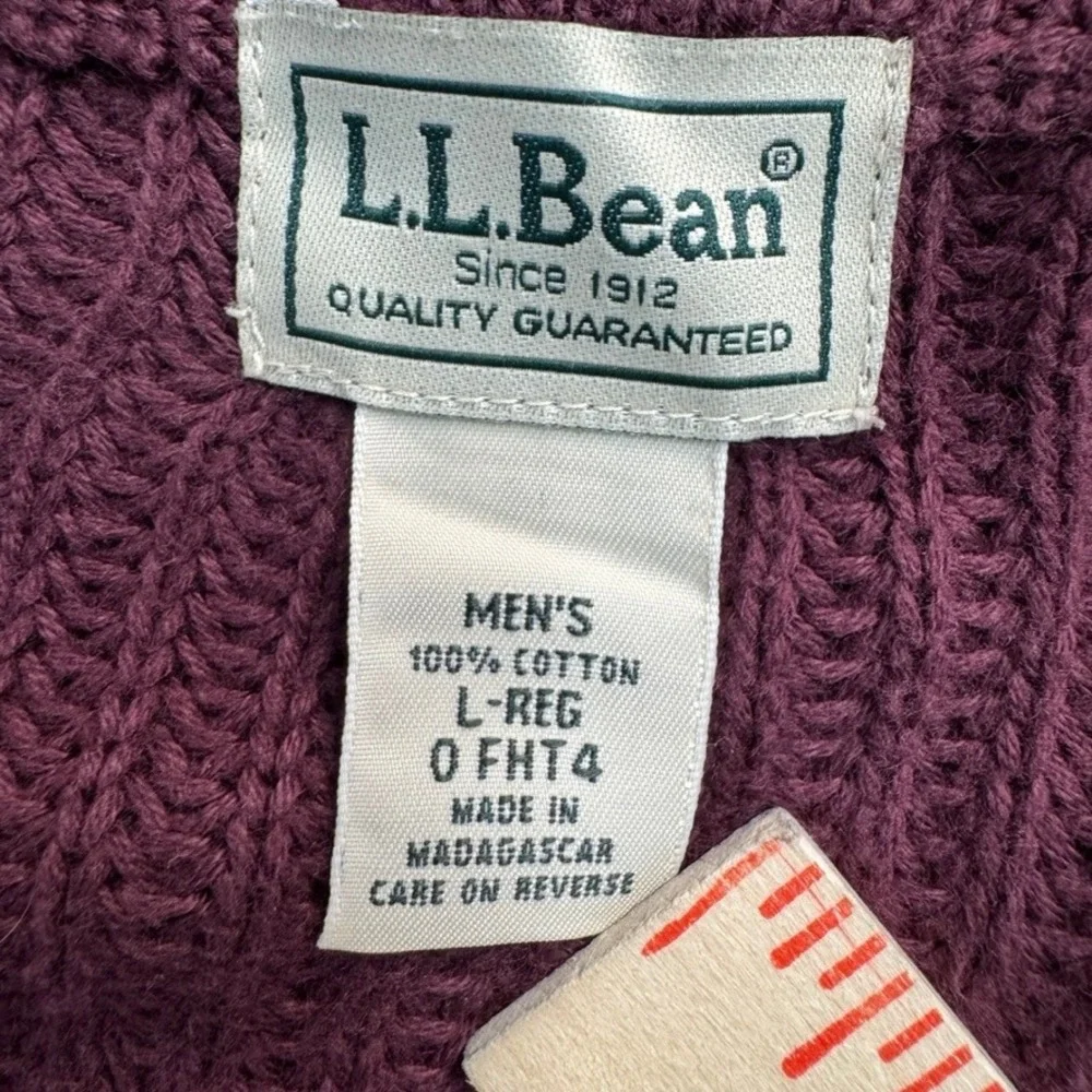 LL Bean Mens Full Zip Mock Neck Sweater Burgundy Cotton Shaker Stitch L-REG
